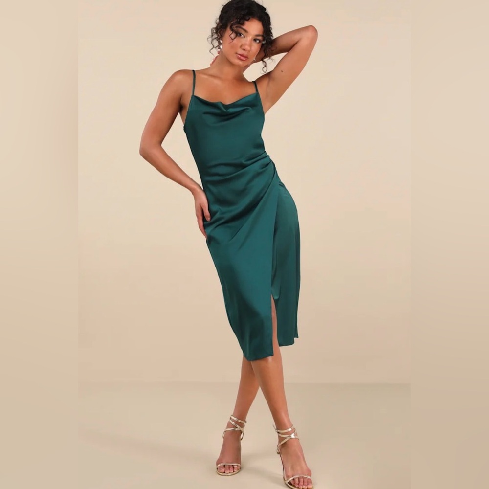 Lulus Emerald Green Satin Midi Dress Ruched Side XS